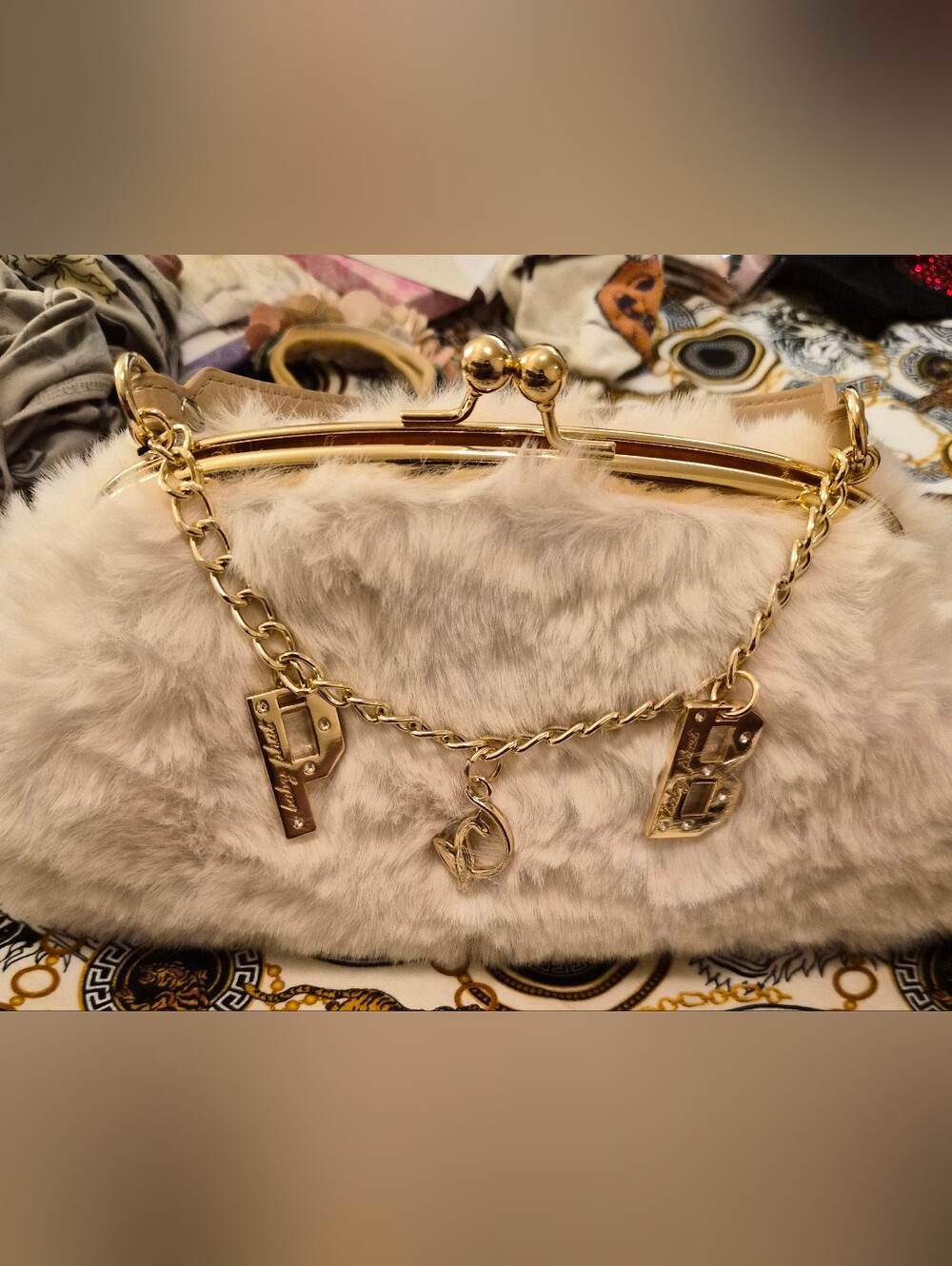 Gold-Trim Faux Fur Shoulder Bag - Elegant Light Gray